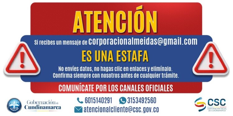 Corporación Social Cundinamarca alerta sobre correo fraudulento que pretende suplantar a la entidad.