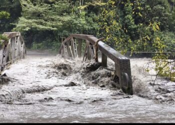 Gobernador de Cundinamarca monitorea el estado del puente Ocal, tras el aumento del nivel del agua, en el municipio de Guayabetal.